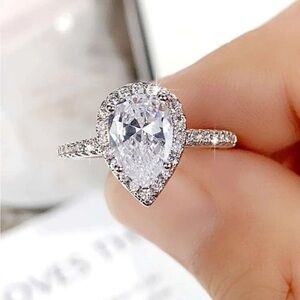 TEAR DROP SILVER DIAMOND BRIDAL RING
